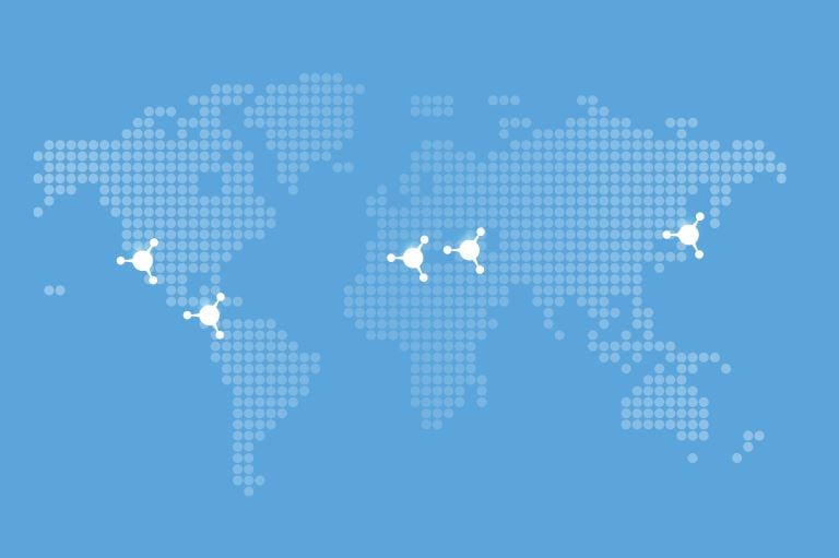 Map of the world with Transfer Factor molecule pointing to 5 Blue Zones: Loma Linda, Nicoya, Sardinia, Ikaria, and Okinawa.