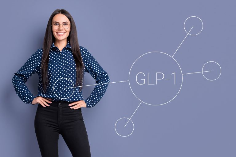 Smiling woman with hands on hips, with a circular web graph featuring 'GLP-1' in the center.