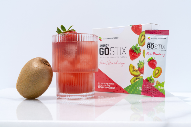 Close-up of 4Life Energy Go Sticks Kiwi Strawberry flavor energy supplement with vibrant packaging