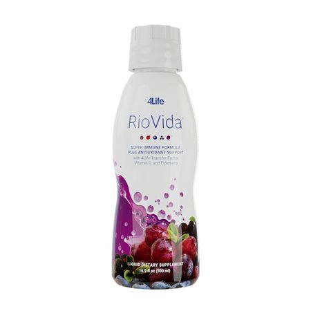 White bottle of Transfer Factor RioVida juice with berry illustrations and purple splash accents at the bottom.