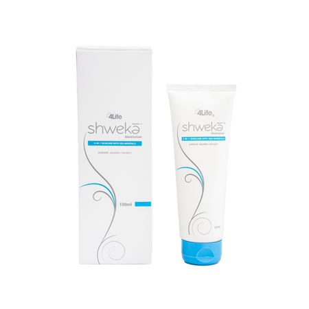 White packaging and tube of Shweka Moisturizer with a simple, elegant design and light blue accents.