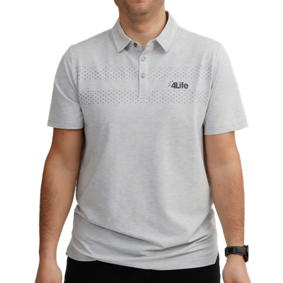 grey pants blue polo